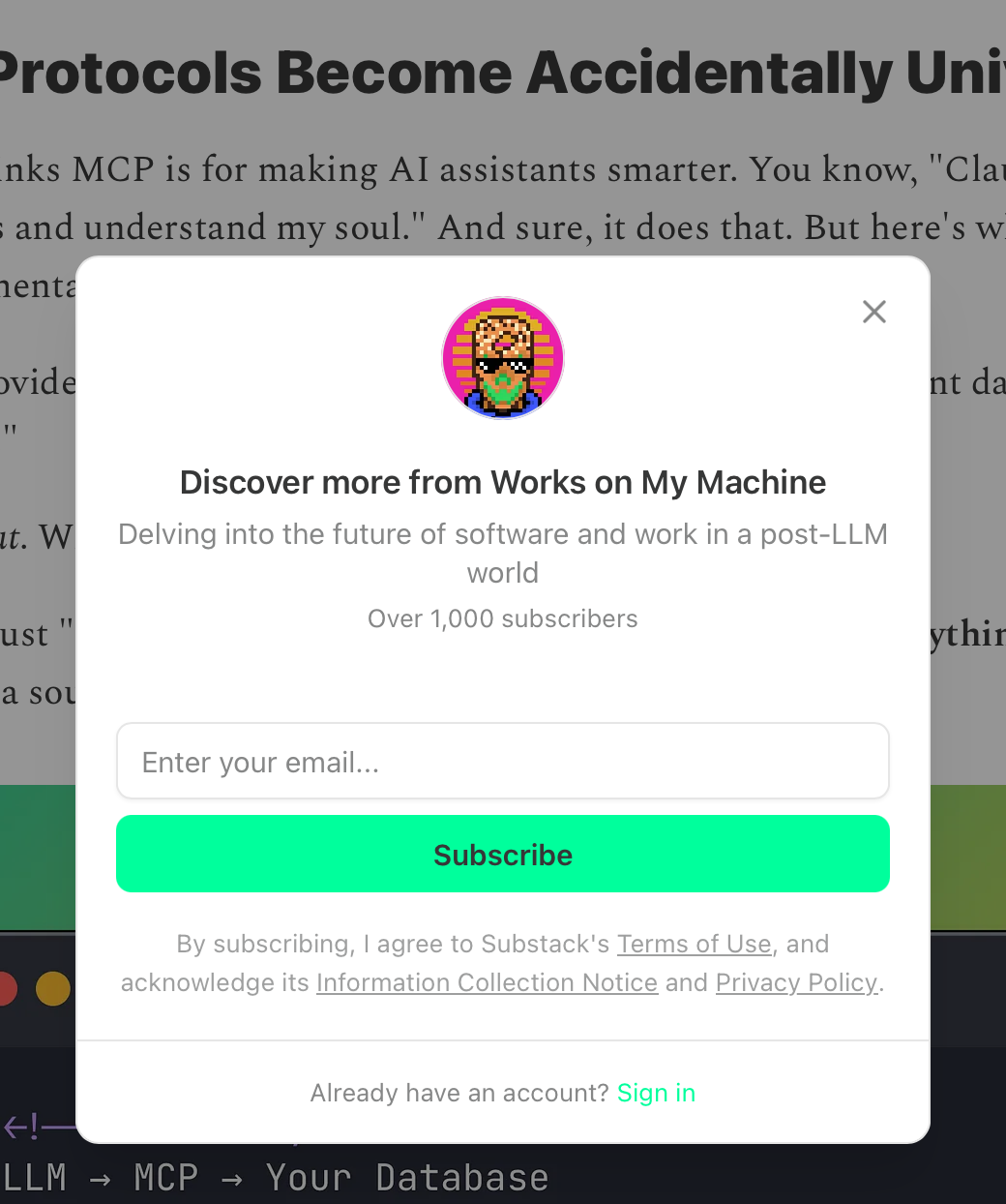 A Substack "subscribe" overlay